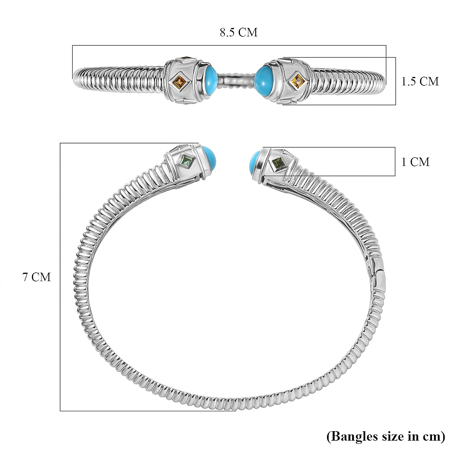 Designer Inspired - Arizona Sleeping Beauty Turquoise and Tourmaline Bangle (Size 7.5) in Paltinum Overlay Sterling Silver, Silver Wt. 26.00 GM Designer Inspired - Arizona Sleeping Beauty Turquoise and Tourmaline Bangle (Size 7.5) in Paltinum Overlay Sterling Silver, Silver Wt. 26.00 GM