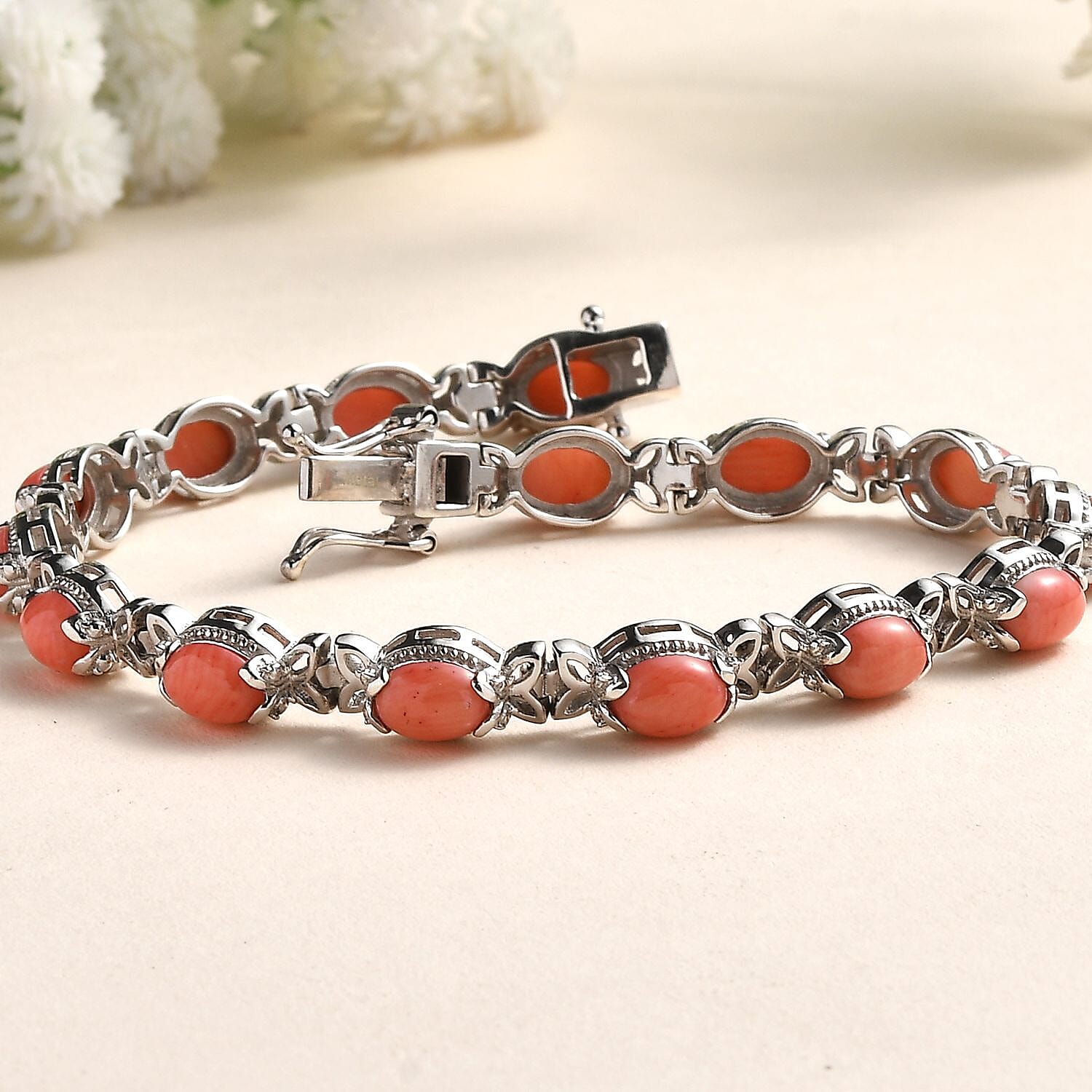 Coral Bracelet (Size - 7) in Platinum Overlay Sterling Silver 8.45 ct 8.450 Ct.
