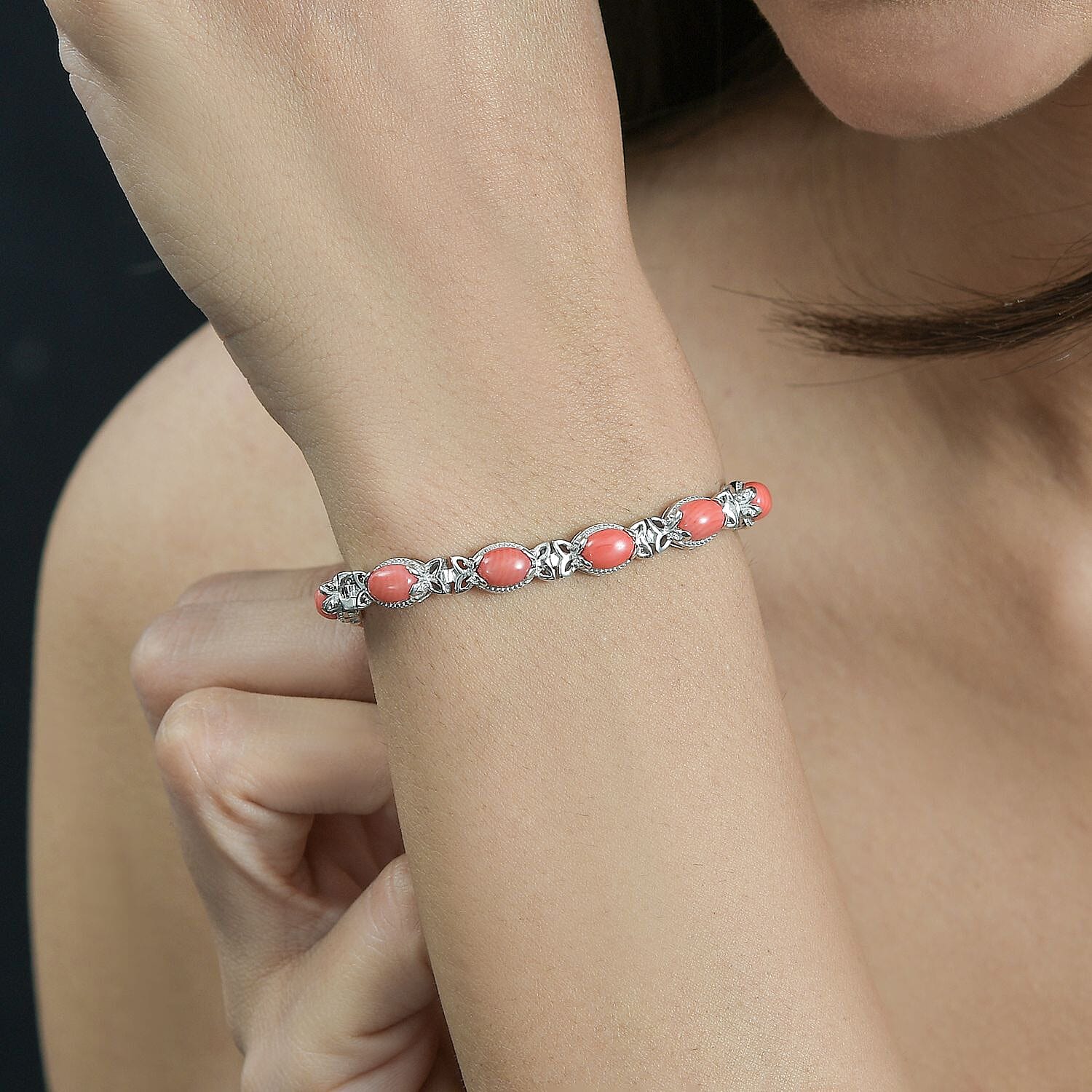 Coral Bracelet (Size - 7) in Platinum Overlay Sterling Silver 8.45 ct 8.450 Ct.