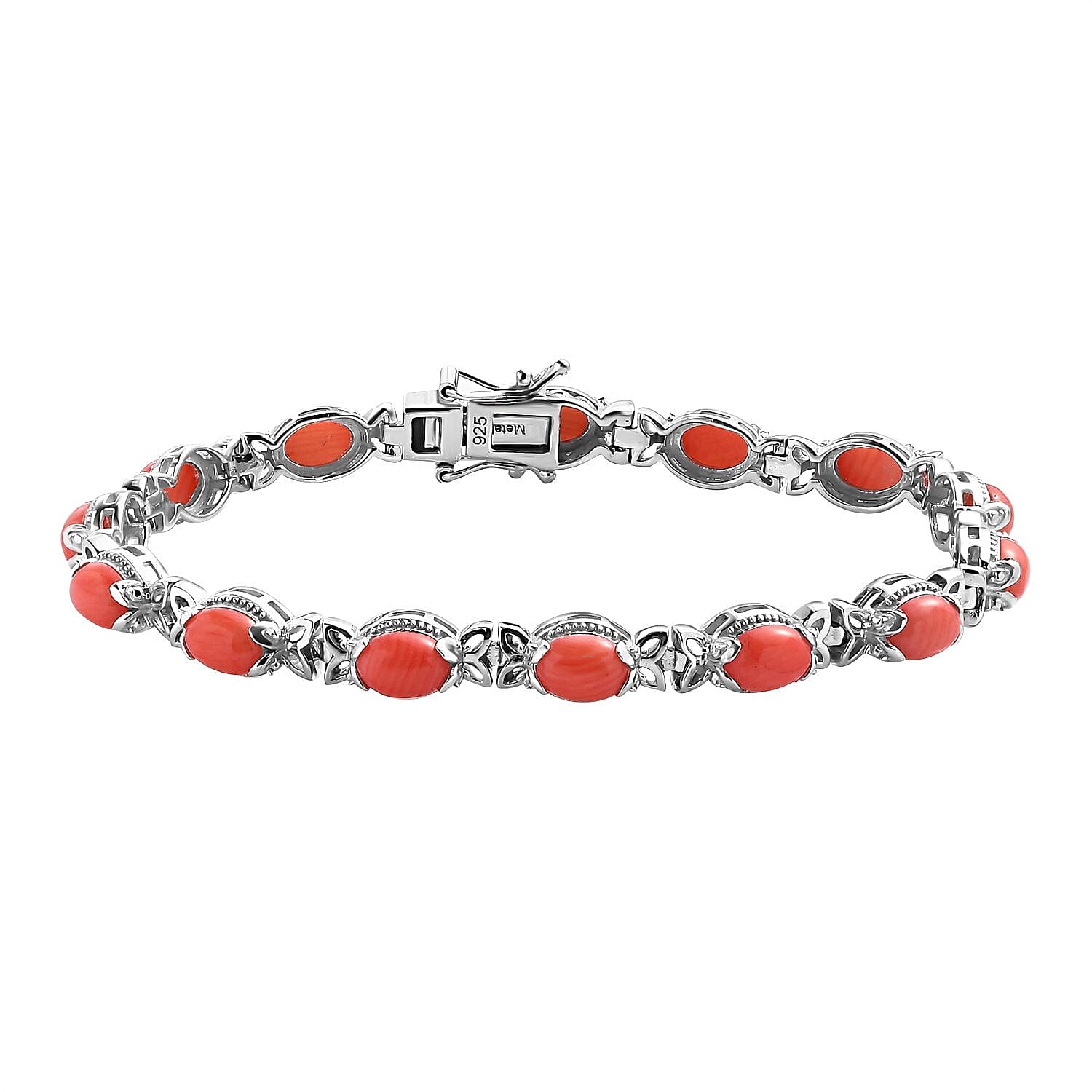 The Natural Mediterranean Coral Bracelet (Size - 7) with GB Lock Box in Platinum Overlay Sterling Silver 8.45 Ct, Silver Wt. 13.33 Gms