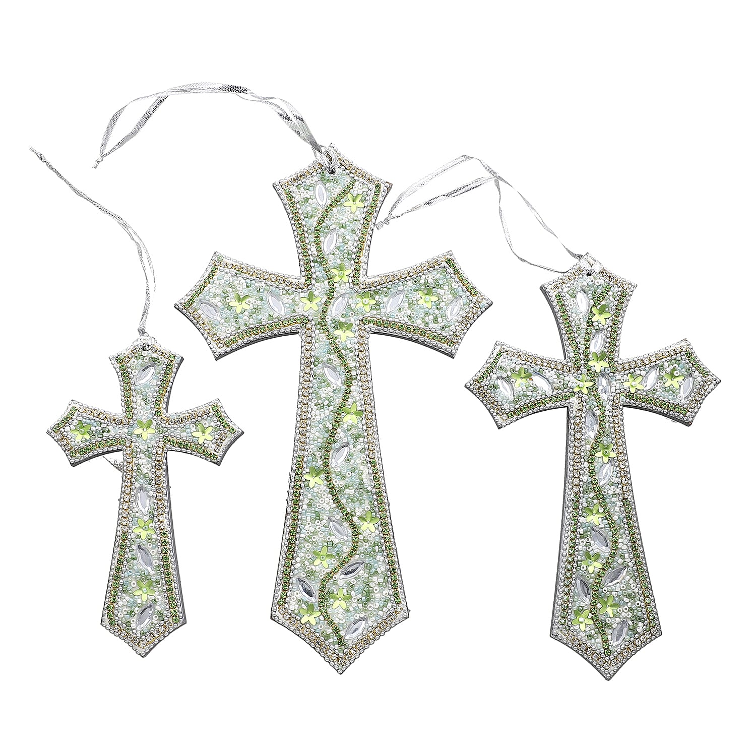 Set of 3 Beaded Cross Hanging Decoration - Green