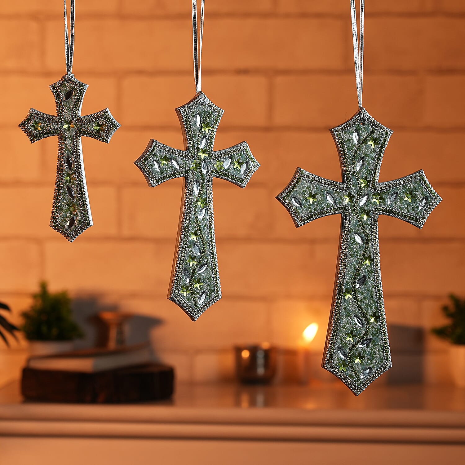 Set of 3 Beaded Cross Hanging Decoration - Green