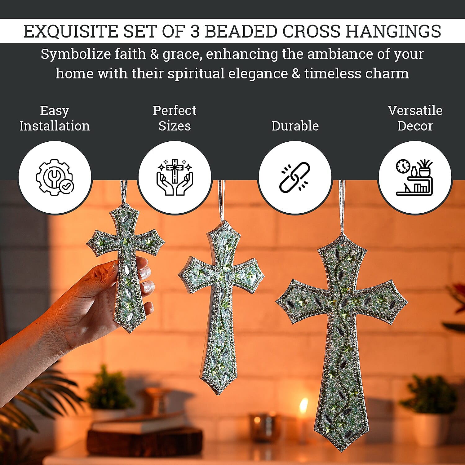 Set of 3 Beaded Cross Hanging Decoration - Green