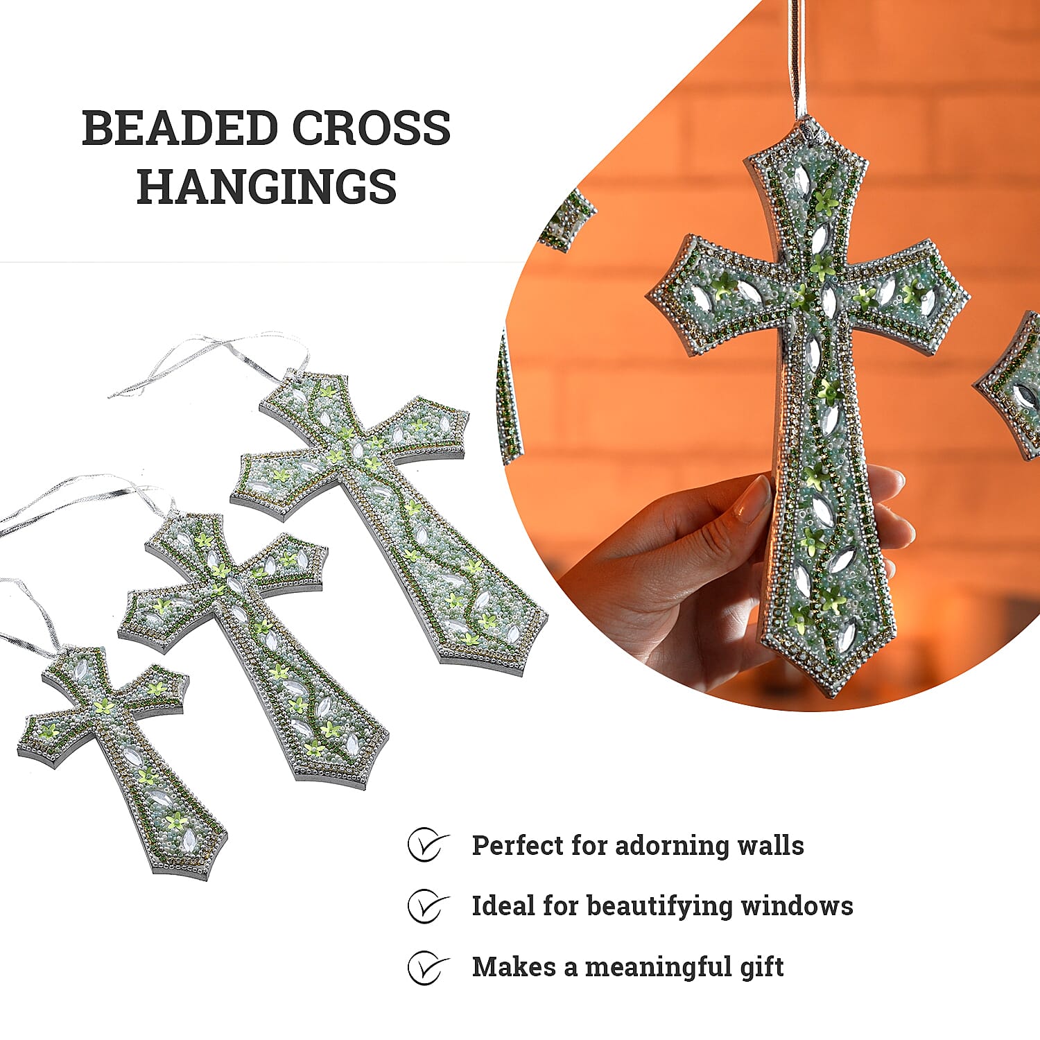 Set of 3 Beaded Cross Hanging Decoration - Green