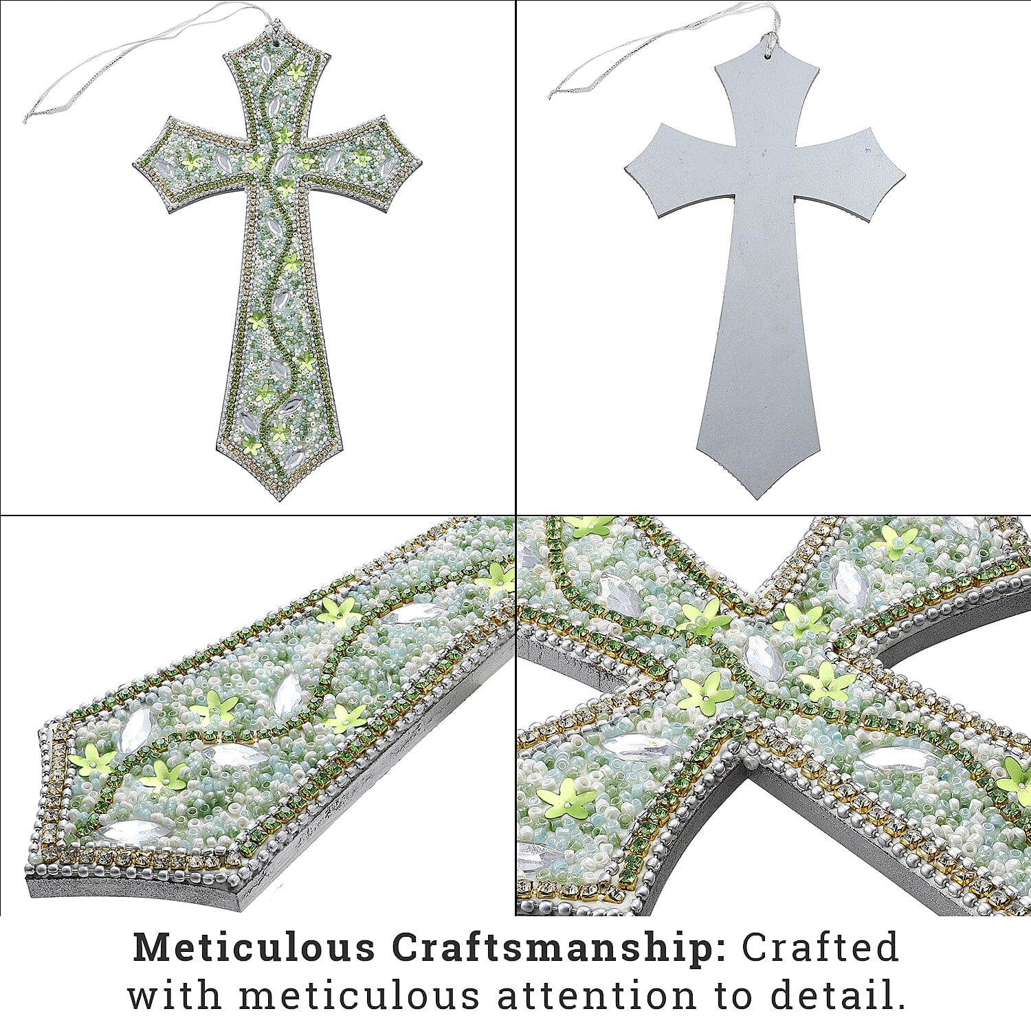 Set of 3 Beaded Cross Hanging Decoration - Green