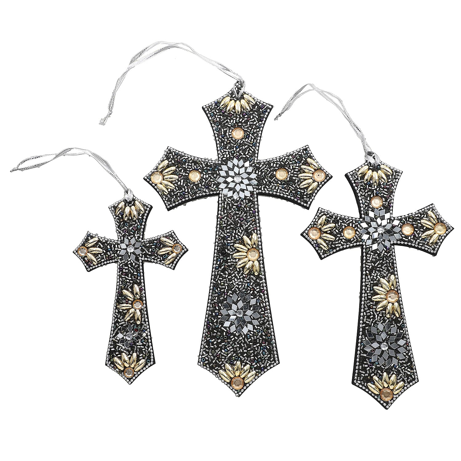 Set of 3 Hand Beaded Cross Hangingsm (23-18-14) - Black