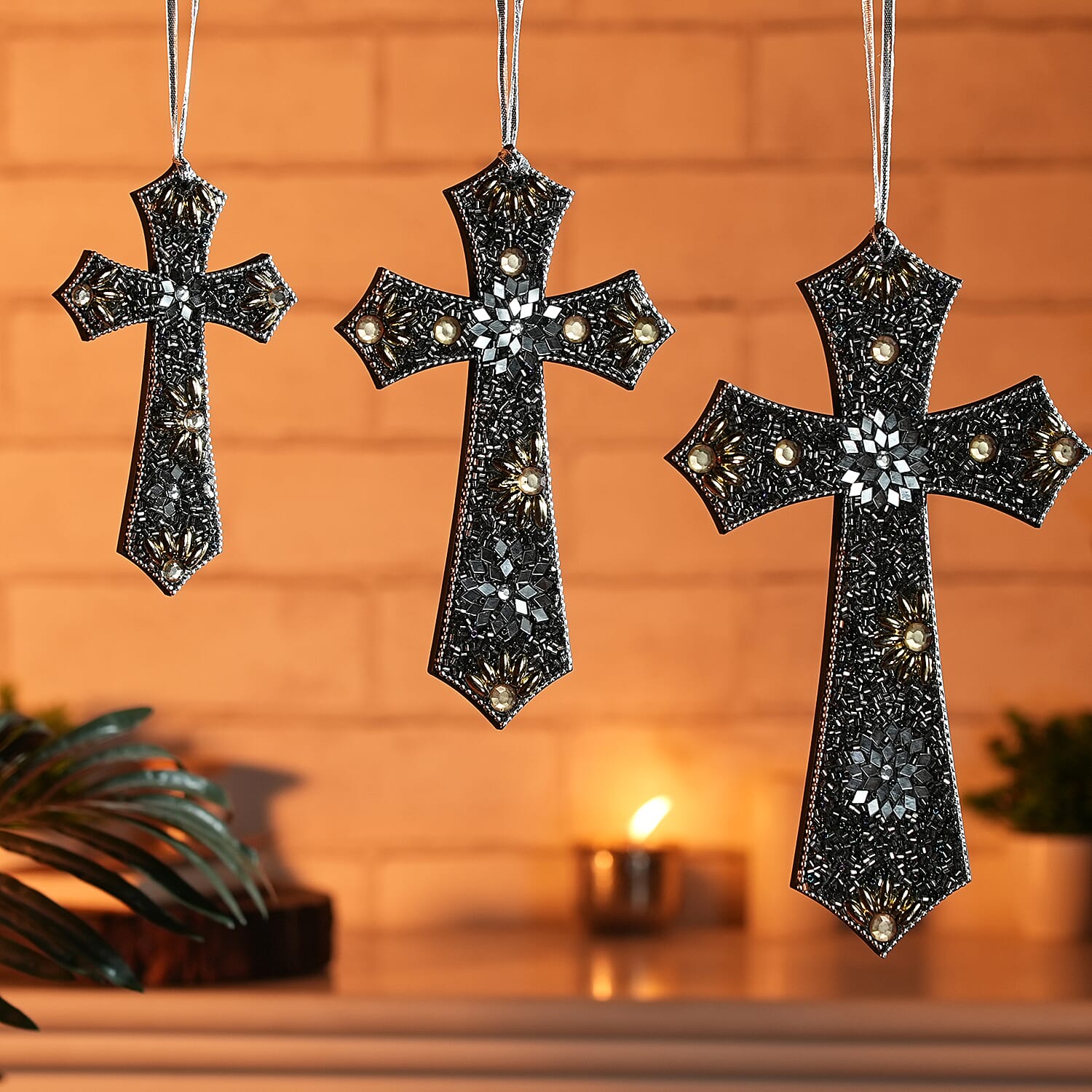 Set of 3 Hand Beaded Cross Hangingsm (23-18-14) - Black