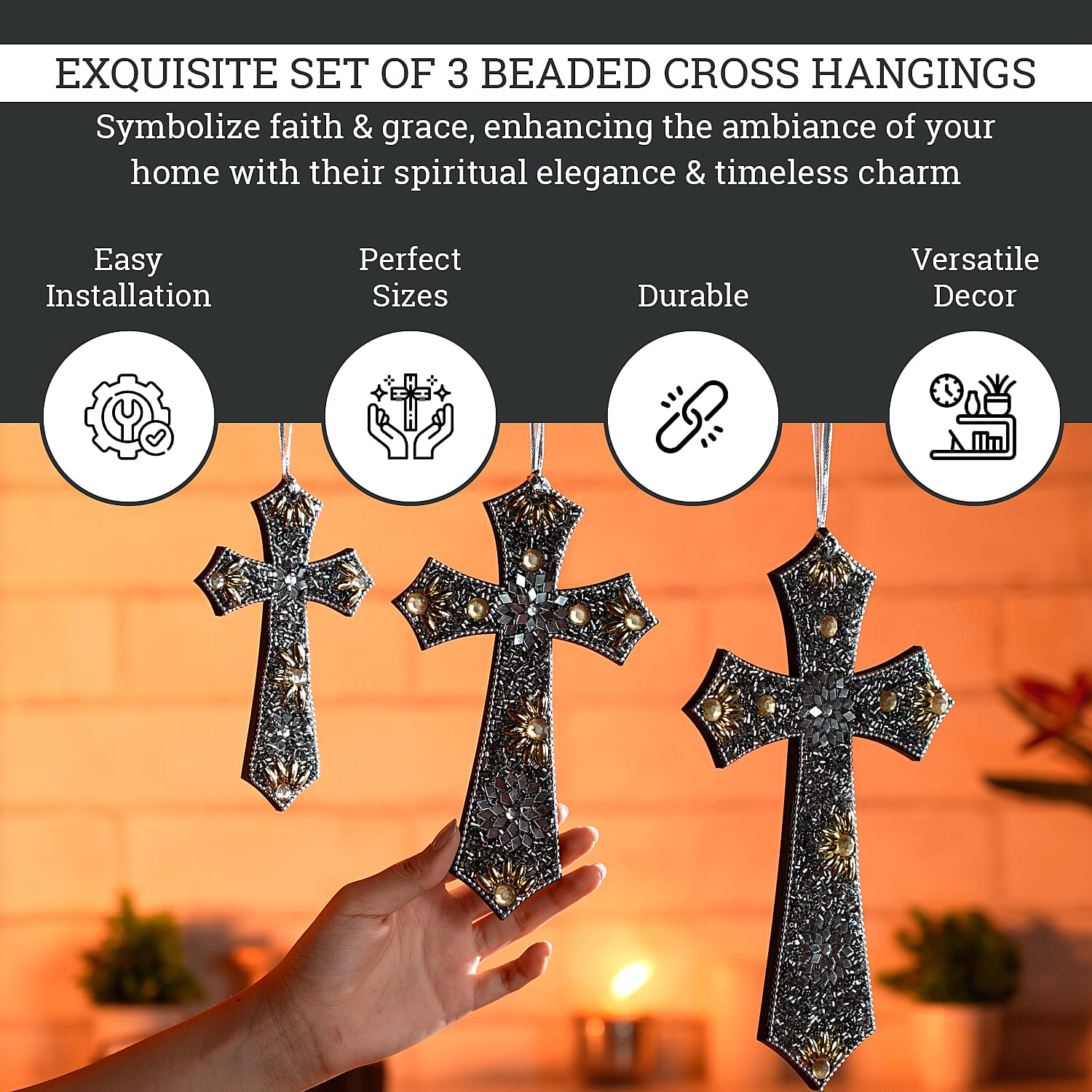Set of 3 Hand Beaded Cross Hangingsm (23-18-14) - Black
