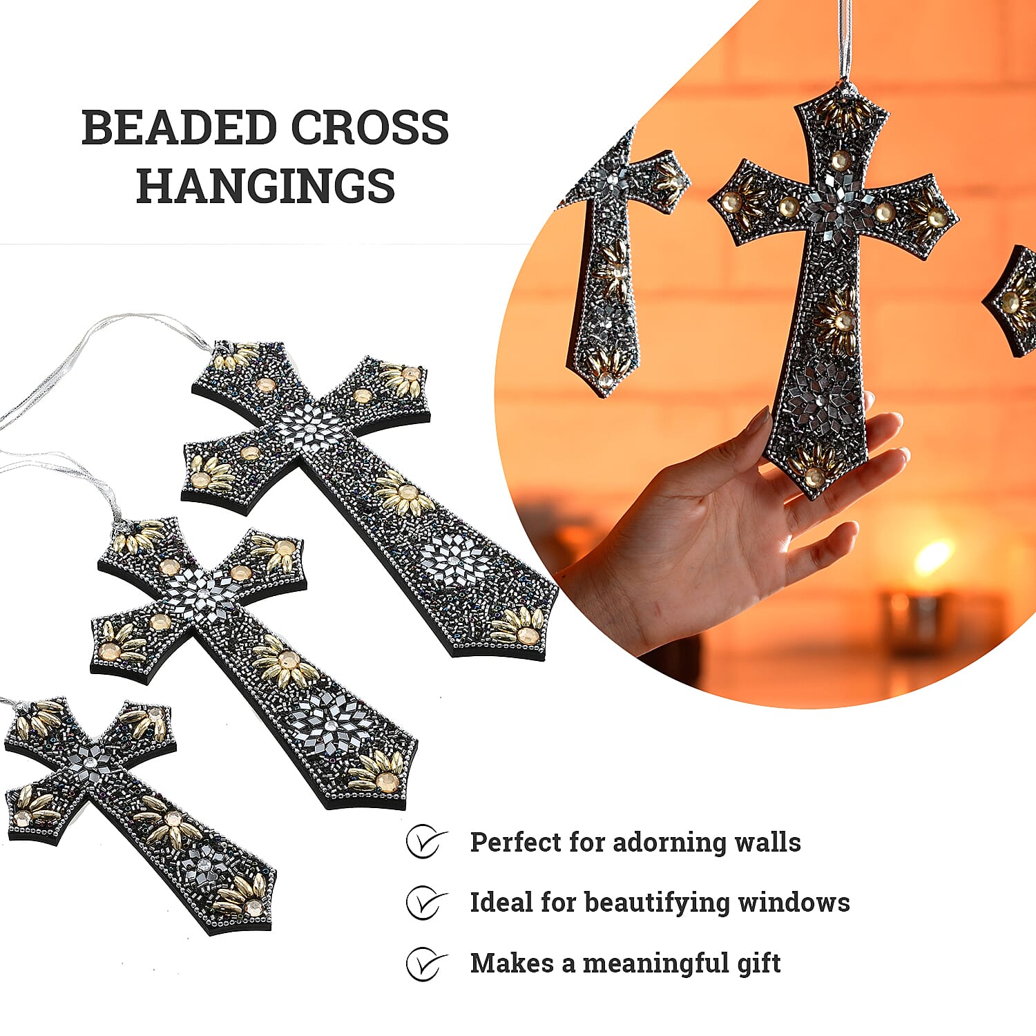 Set of 3 Hand Beaded Cross Hangingsm (23-18-14) - Black