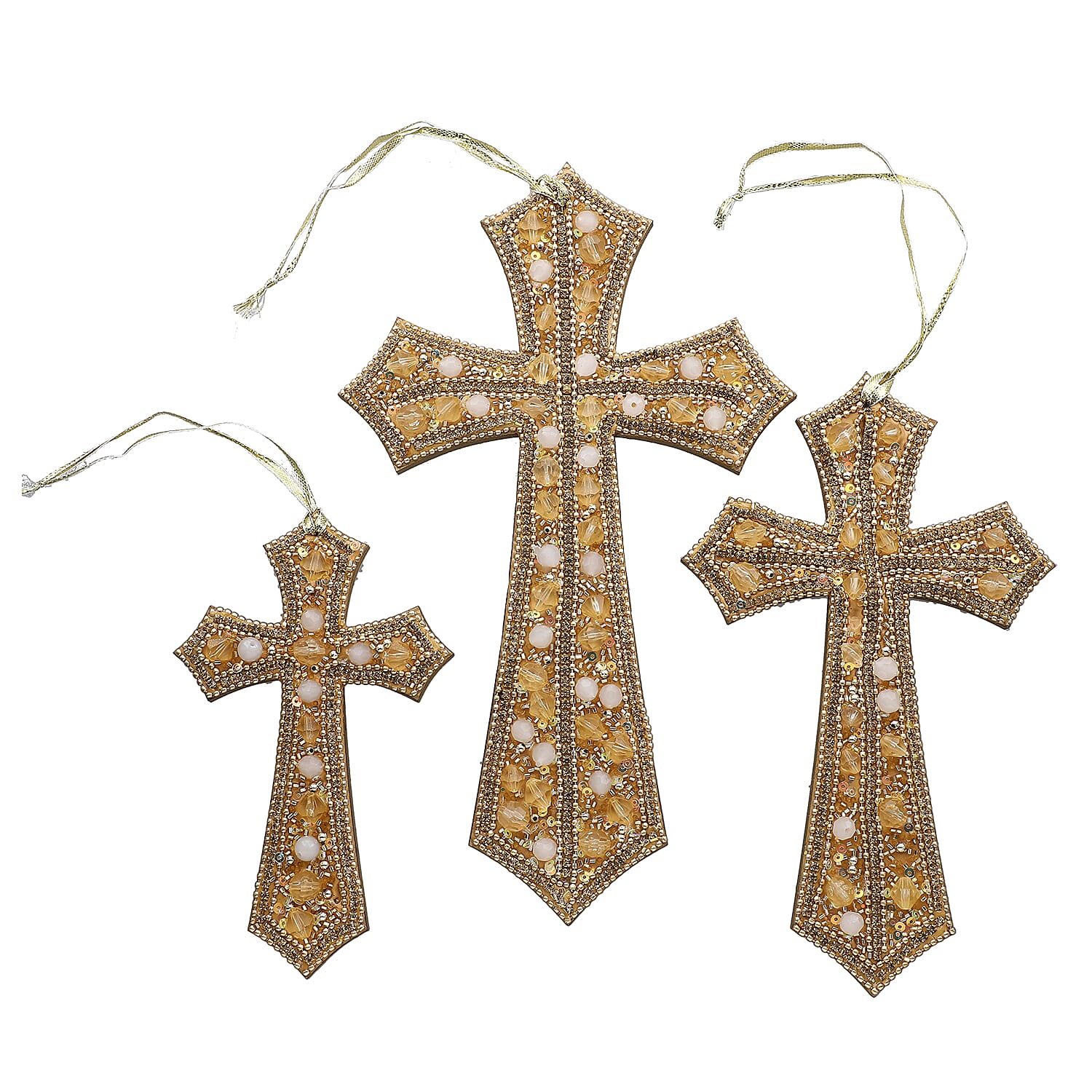 Set of 3 Hand Beaded Cross Hangings (23-18-14) - Golden