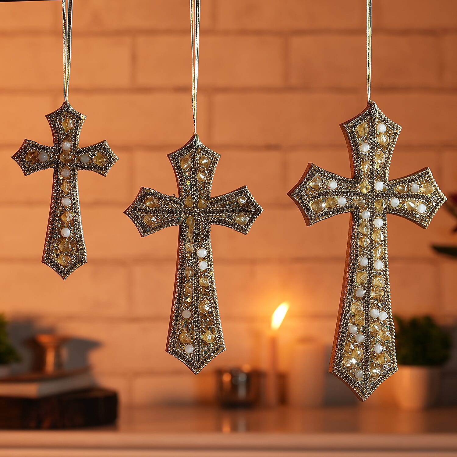 Set of 3 Hand Beaded Cross Hangings (23-18-14) - Golden