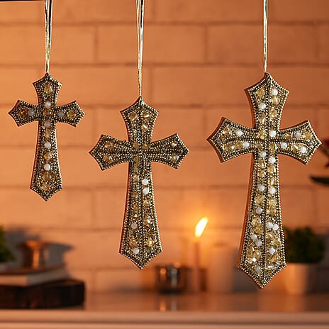Set of 3 Hand Beaded Cross Hangings (23-18-14) - Golden