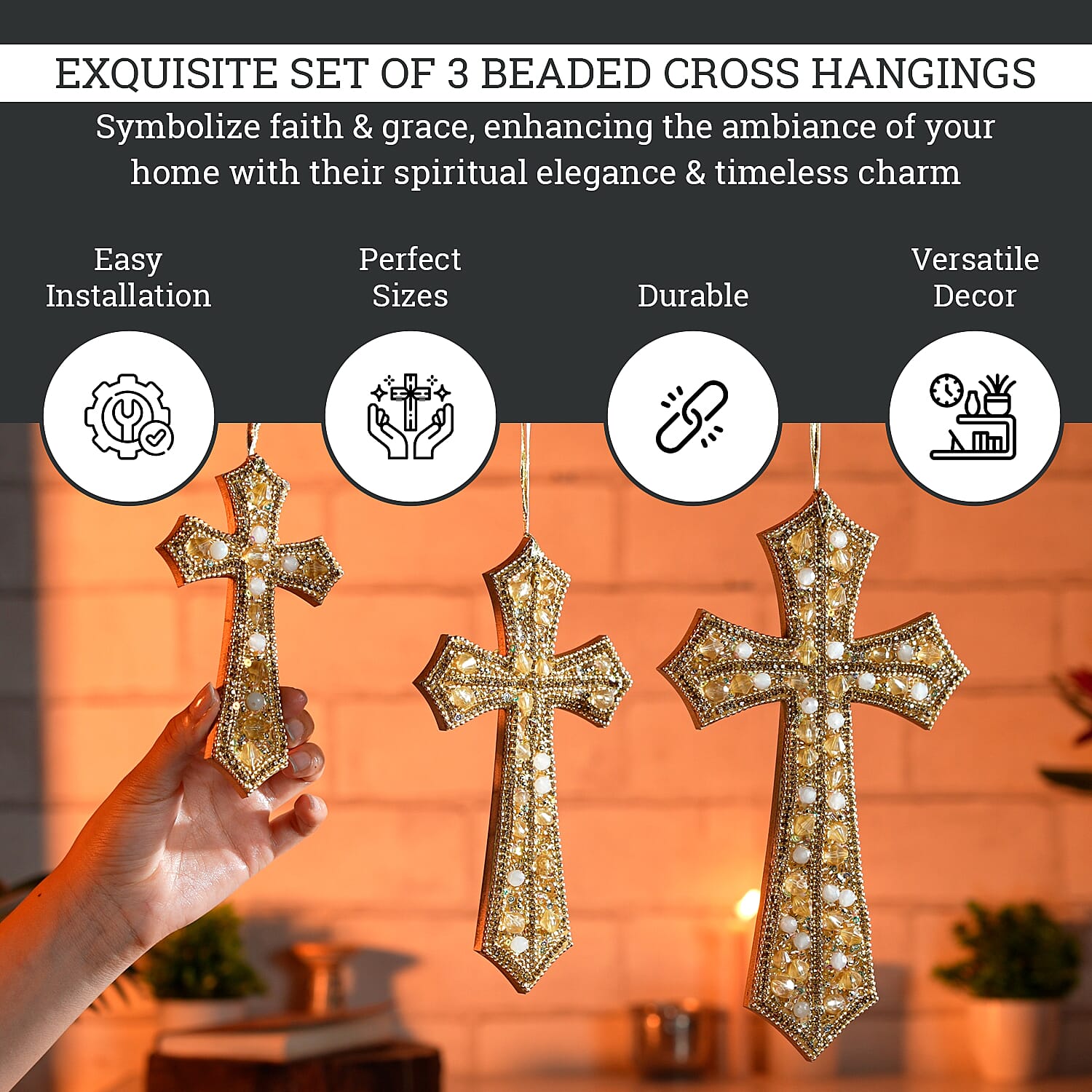 Set of 3 Hand Beaded Cross Hangings (23-18-14) - Golden