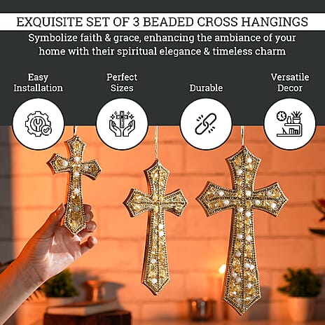 Set of 3 Hand Beaded Cross Hangings (23-18-14) - Golden