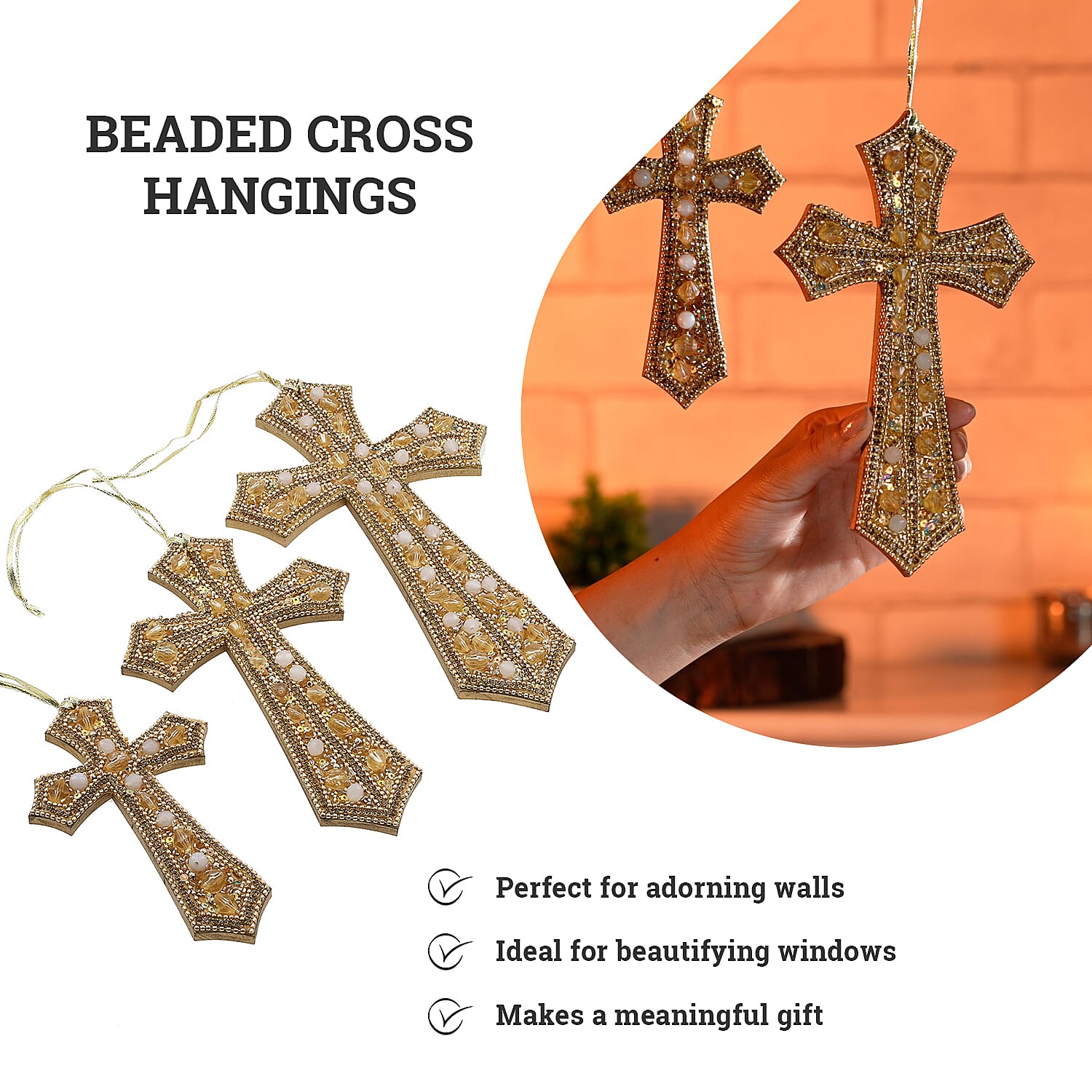 Set of 3 Hand Beaded Cross Hangings (23-18-14) - Golden