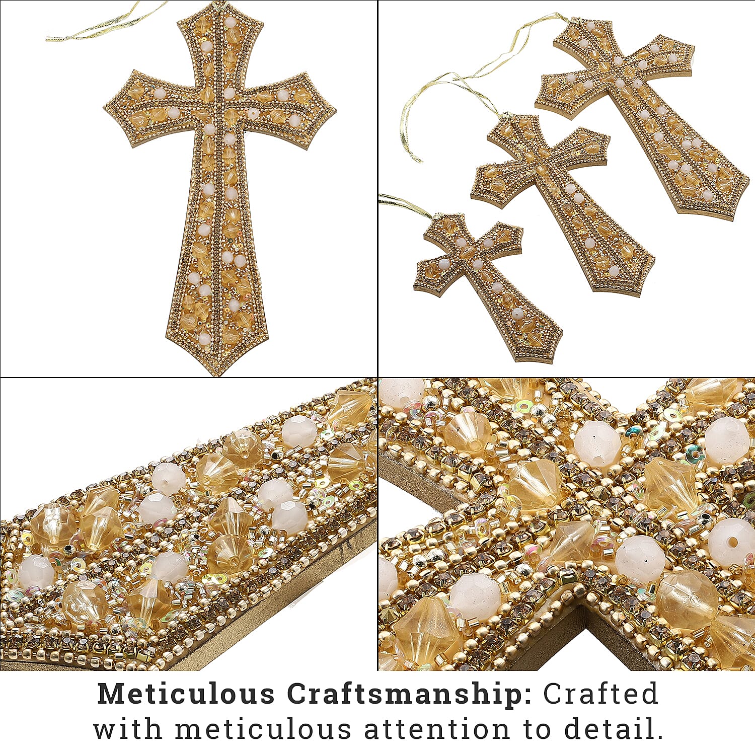 Set of 3 Hand Beaded Cross Hangings (23-18-14) - Golden