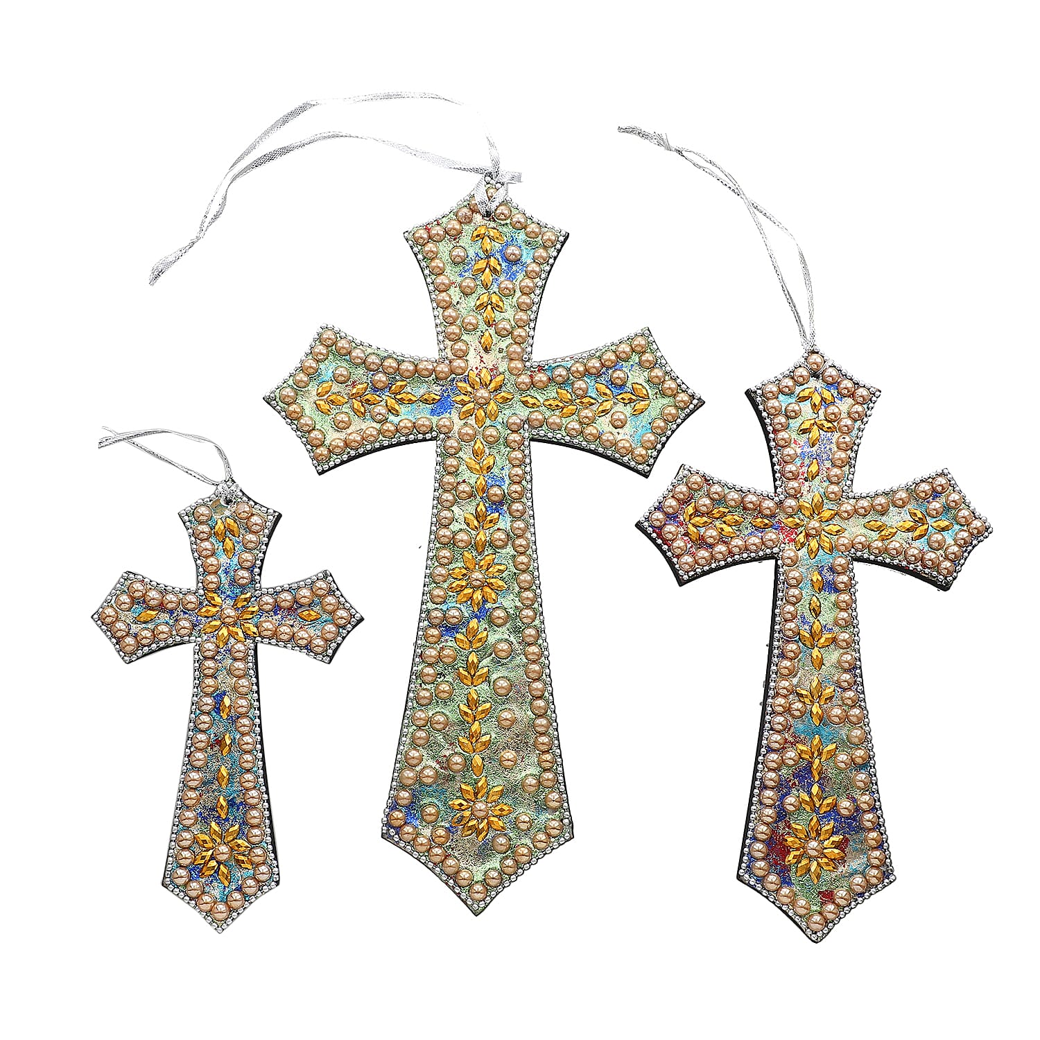 Set of 3 Hand Beaded Cross Hangings (23-18-14) - Multi