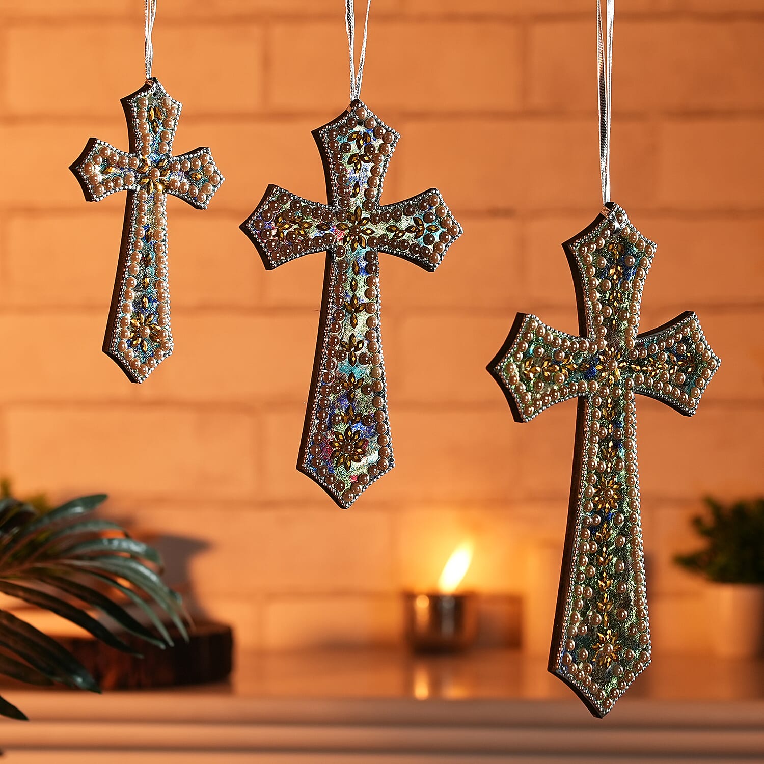Set of 3 Hand Beaded Cross Hangings (23-18-14) - Multi