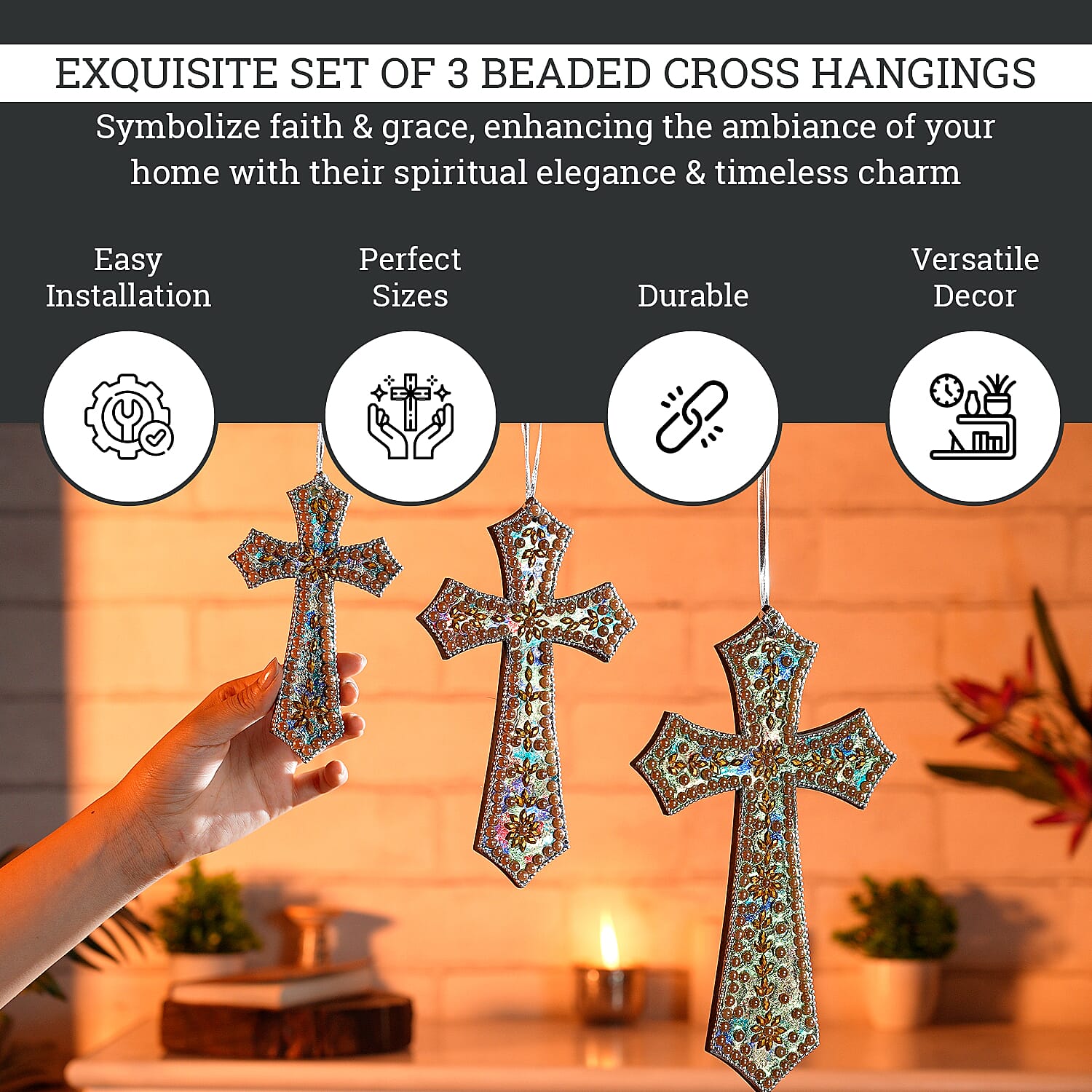 Set of 3 Hand Beaded Cross Hangings (23-18-14) - Multi