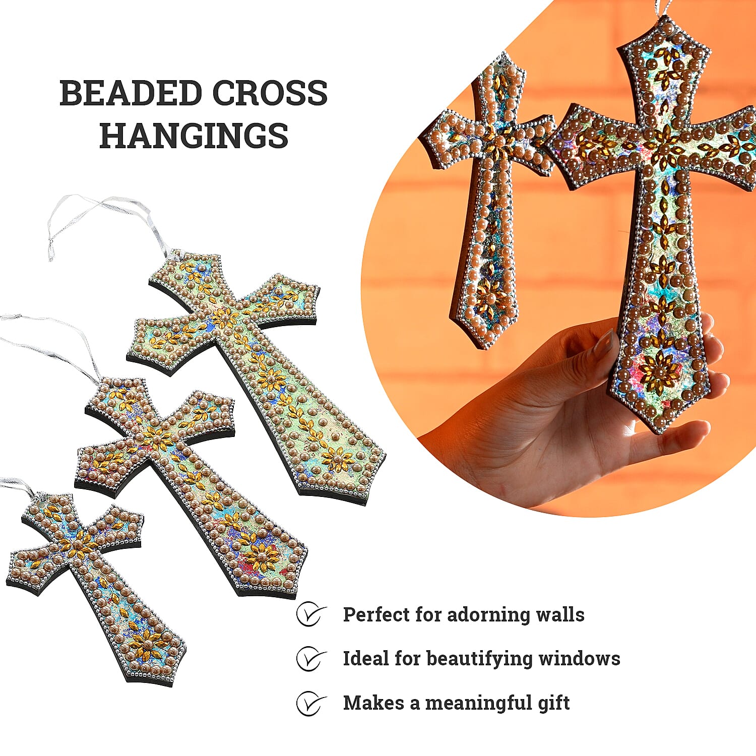 Set of 3 Hand Beaded Cross Hangings (23-18-14) - Multi