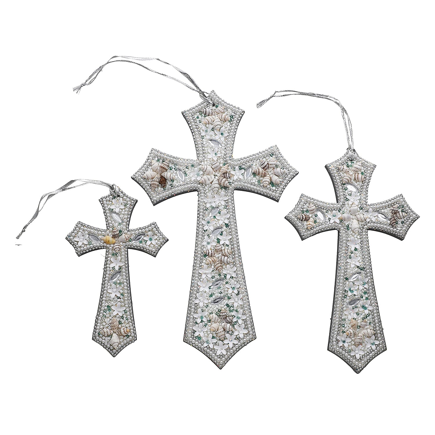 Set of 3 Hand Beaded Cross Hangingsm (23-18-14) - White