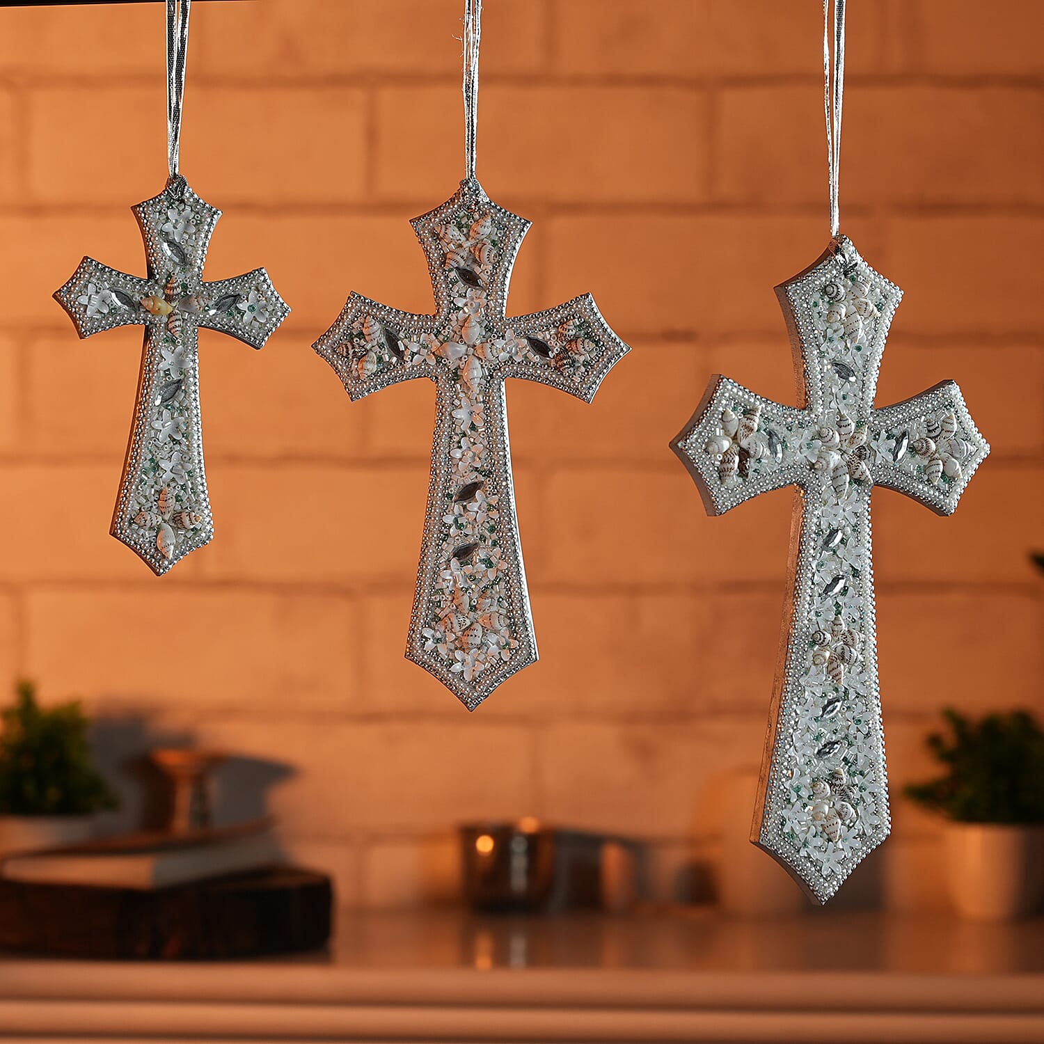 Set of 3 Hand Beaded Cross Hangingsm (23-18-14) - White