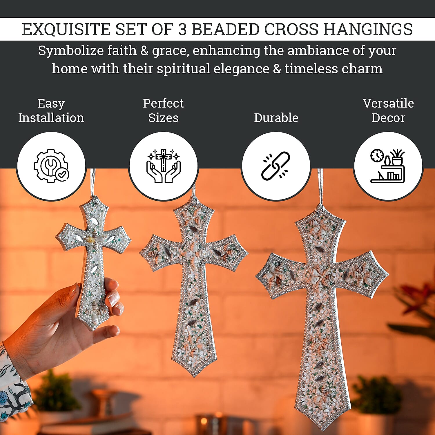 Set of 3 Hand Beaded Cross Hangingsm (23-18-14) - White