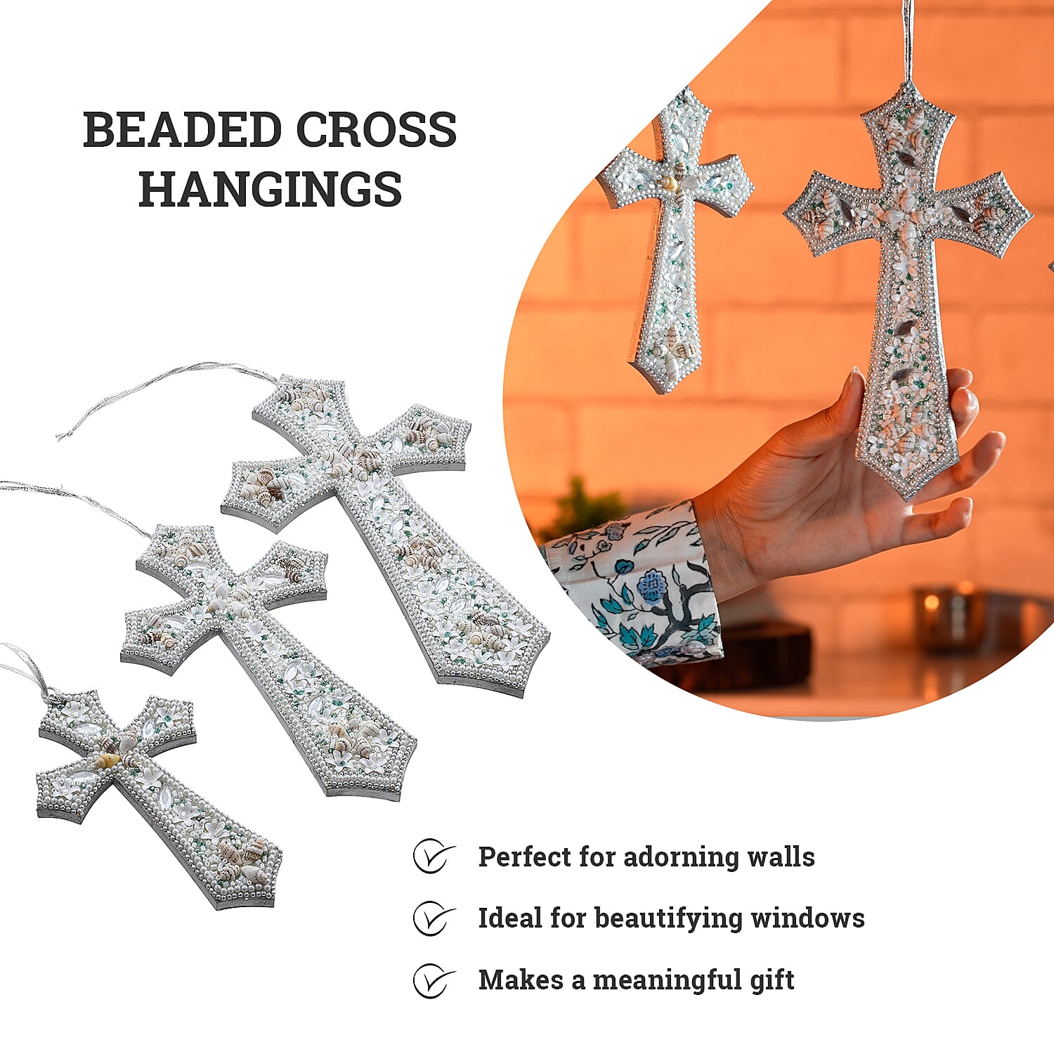 Set of 3 Hand Beaded Cross Hangingsm (23-18-14) - White