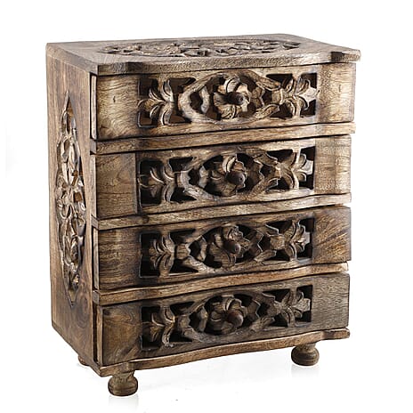 Hand Carved Mango Wood 4 Drawer Chest (Size 22x12x27 cm)