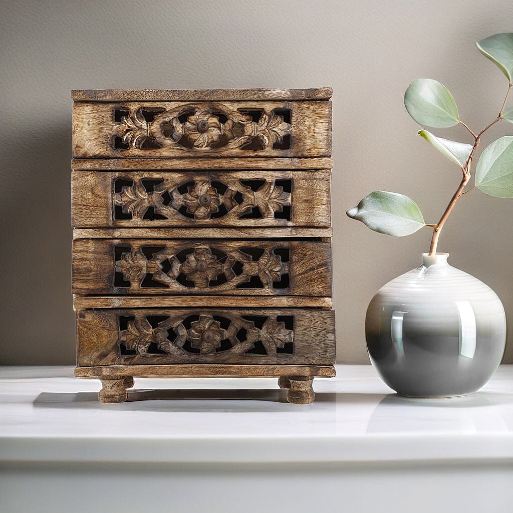 3 Drawer Wooden Carved Jewellery Box (Size 28x23x11 cm) - Natural Brown