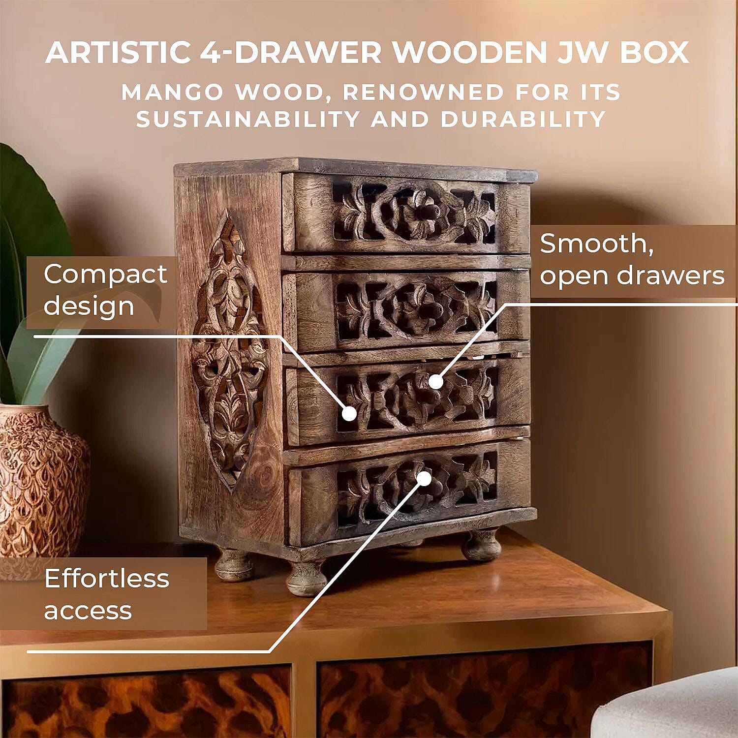 3 Drawer Wooden Carved Jewellery Box (Size 28x23x11 cm) - Natural Brown