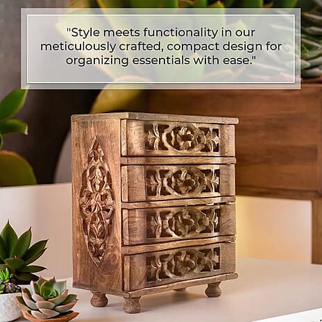 Hand Carved Mango Wood 4 Drawer Chest (Size 22x12x27 cm)
