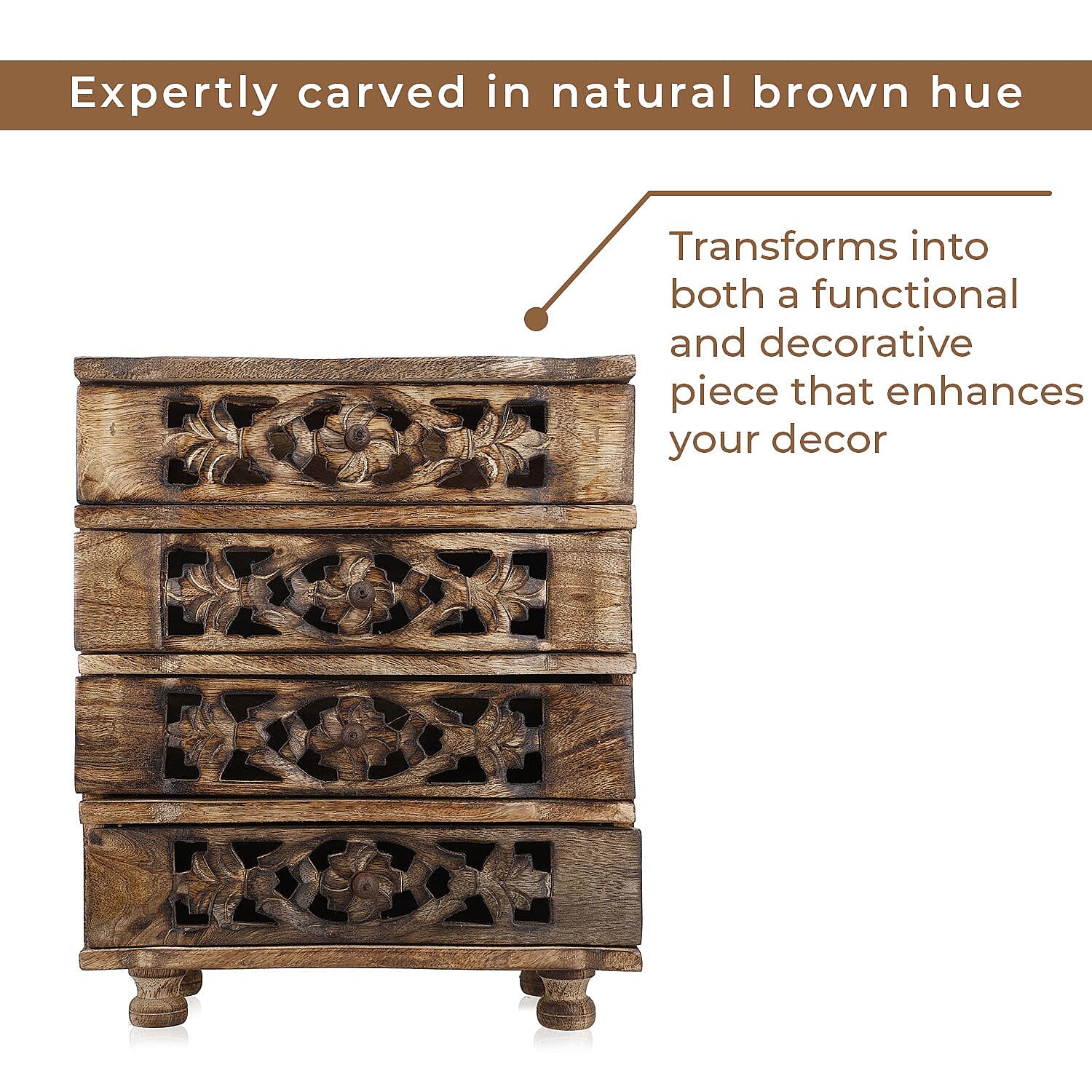 Hand Carved Mango Wood 4 Drawer Chest (Size 22x12x27 cm) Hand Carved Mango Wood 4 Drawer Chest (Size 22x12x27 cm)