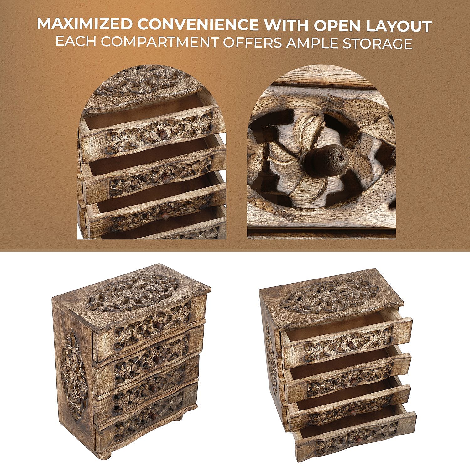 Hand Carved Mango Wood 4 Drawer Chest (Size 22x12x27 cm) Hand Carved Mango Wood 4 Drawer Chest (Size 22x12x27 cm)