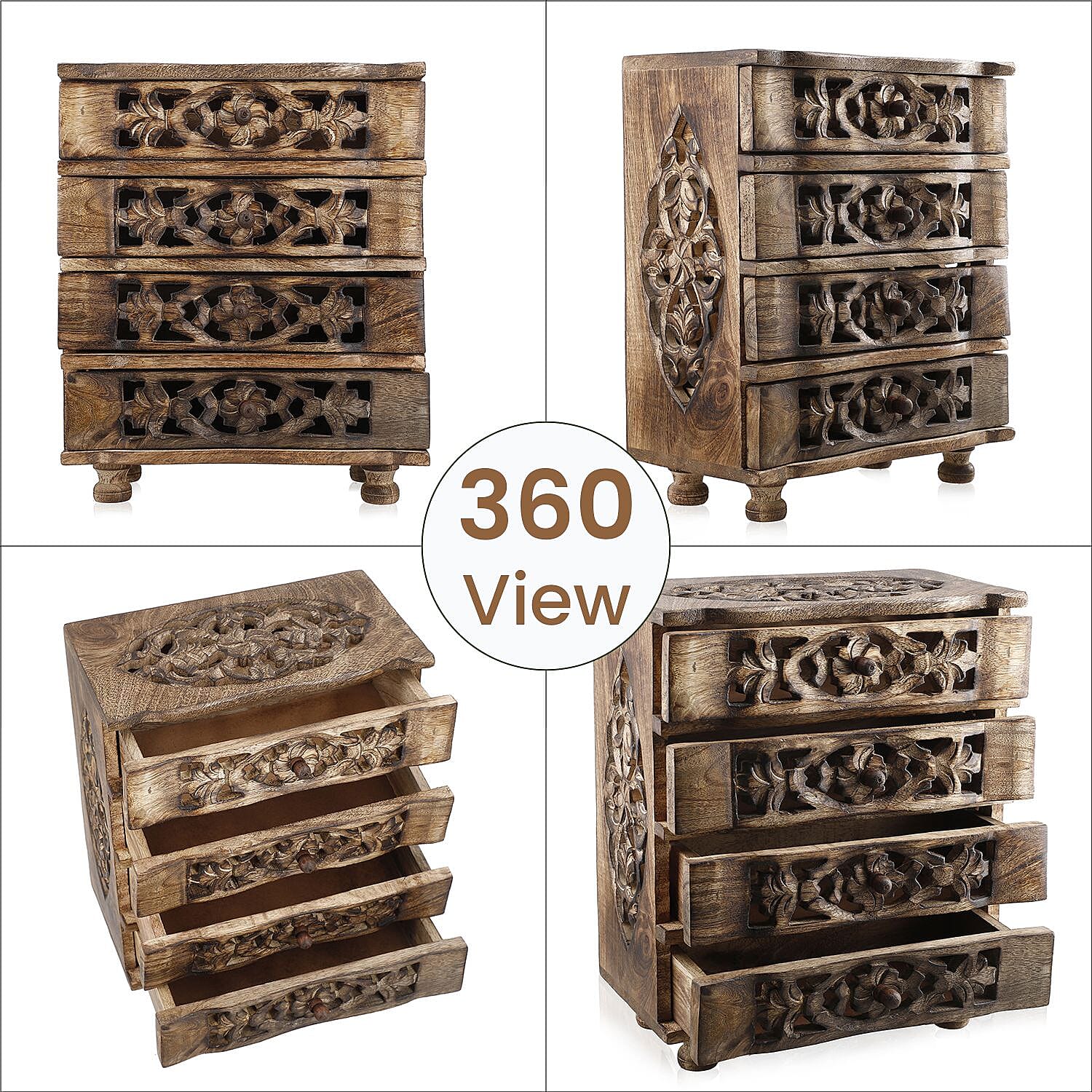 Hand Carved Mango Wood 4 Drawer Chest (Size 22x12x27 cm) Hand Carved Mango Wood 4 Drawer Chest (Size 22x12x27 cm)