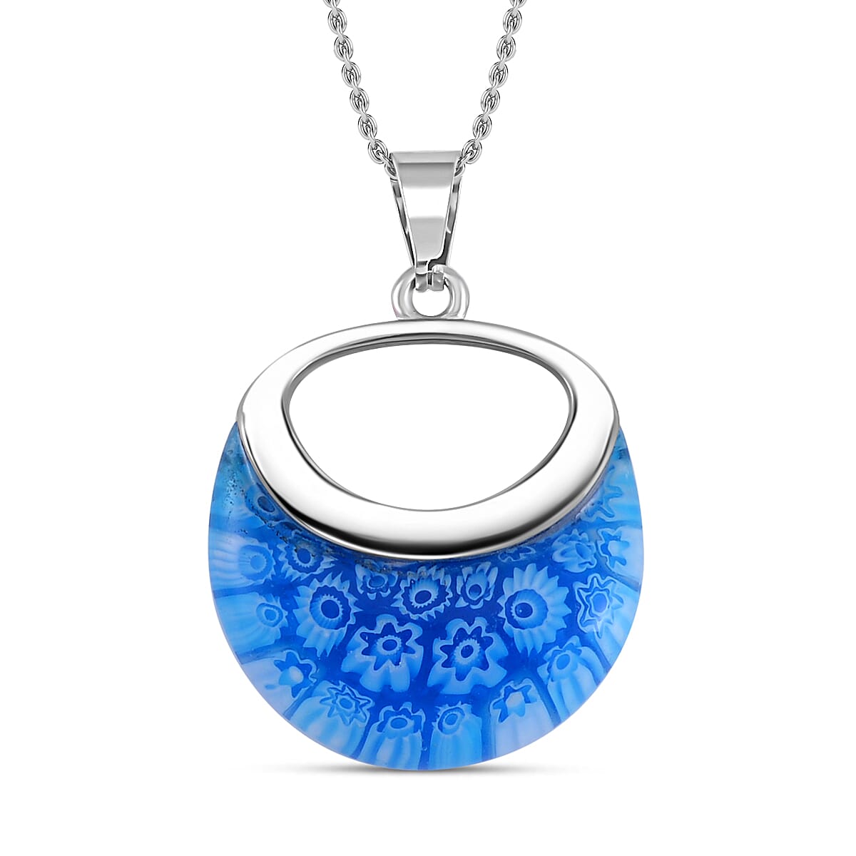 Blue Color Murano Glass  Necklace (Size - 24) Pure White Stainless Steel