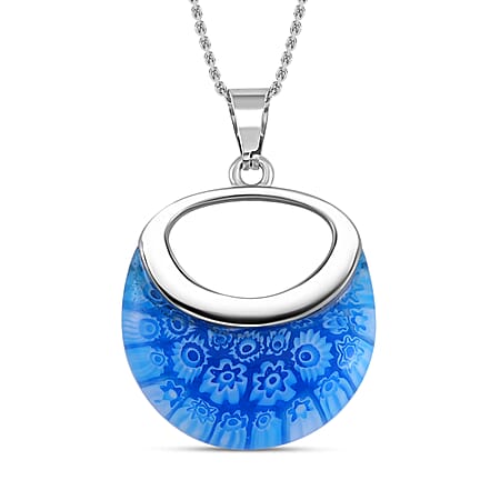 Blue Colour Murano Style Necklace (Size - 24) Pure White Stainless Steel