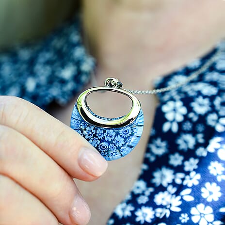 Blue Color Murano Glass  Necklace (Size - 24) Pure White Stainless Steel  0.01 ct  0.010  Ct.
