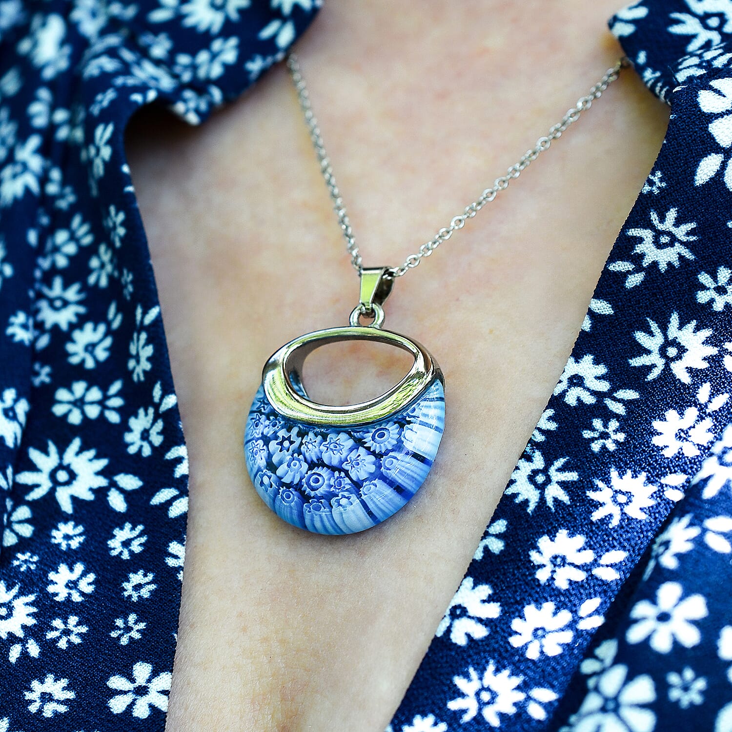 Blue Color Murano Glass  Necklace (Size - 24) Pure White Stainless Steel