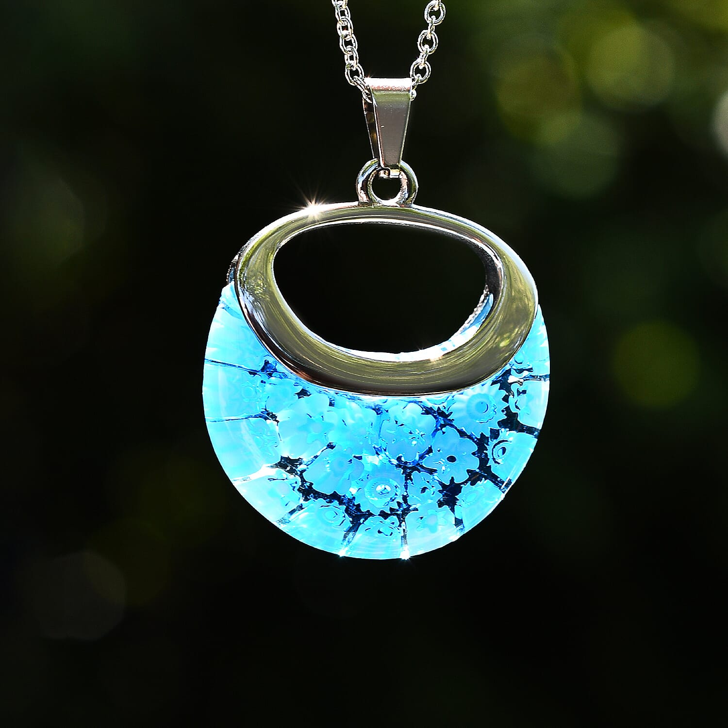 Blue Color Murano Glass  Necklace (Size - 24) Pure White Stainless Steel