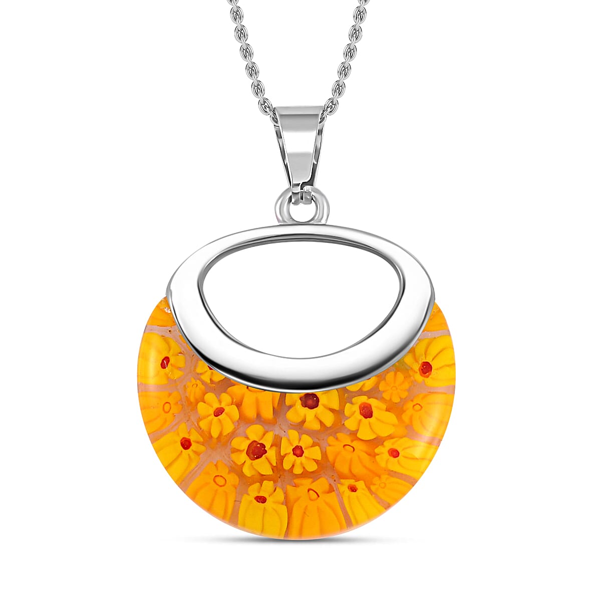 Yellow Color Murano Glass  Necklace (Size - 24) Pure White Stainless Steel