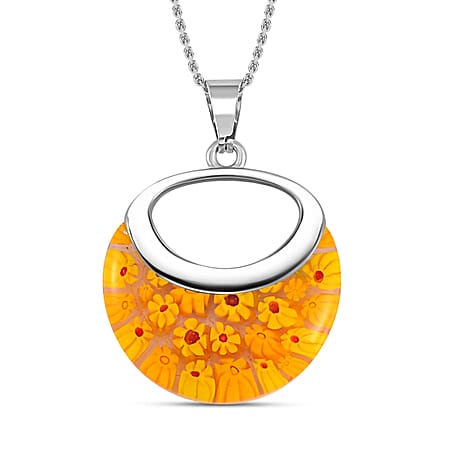 Yellow Colour Murano Style Necklace (Size - 24) Pure White Stainless Steel