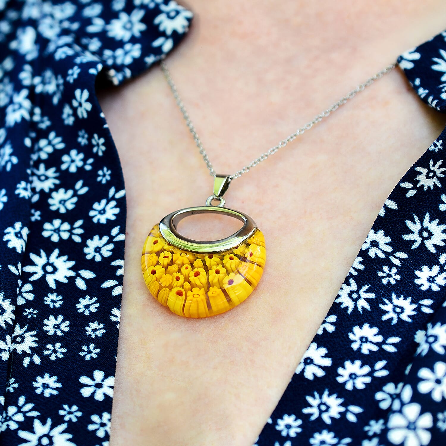 Yellow Color Murano Glass  Necklace (Size - 24) Pure White Stainless Steel