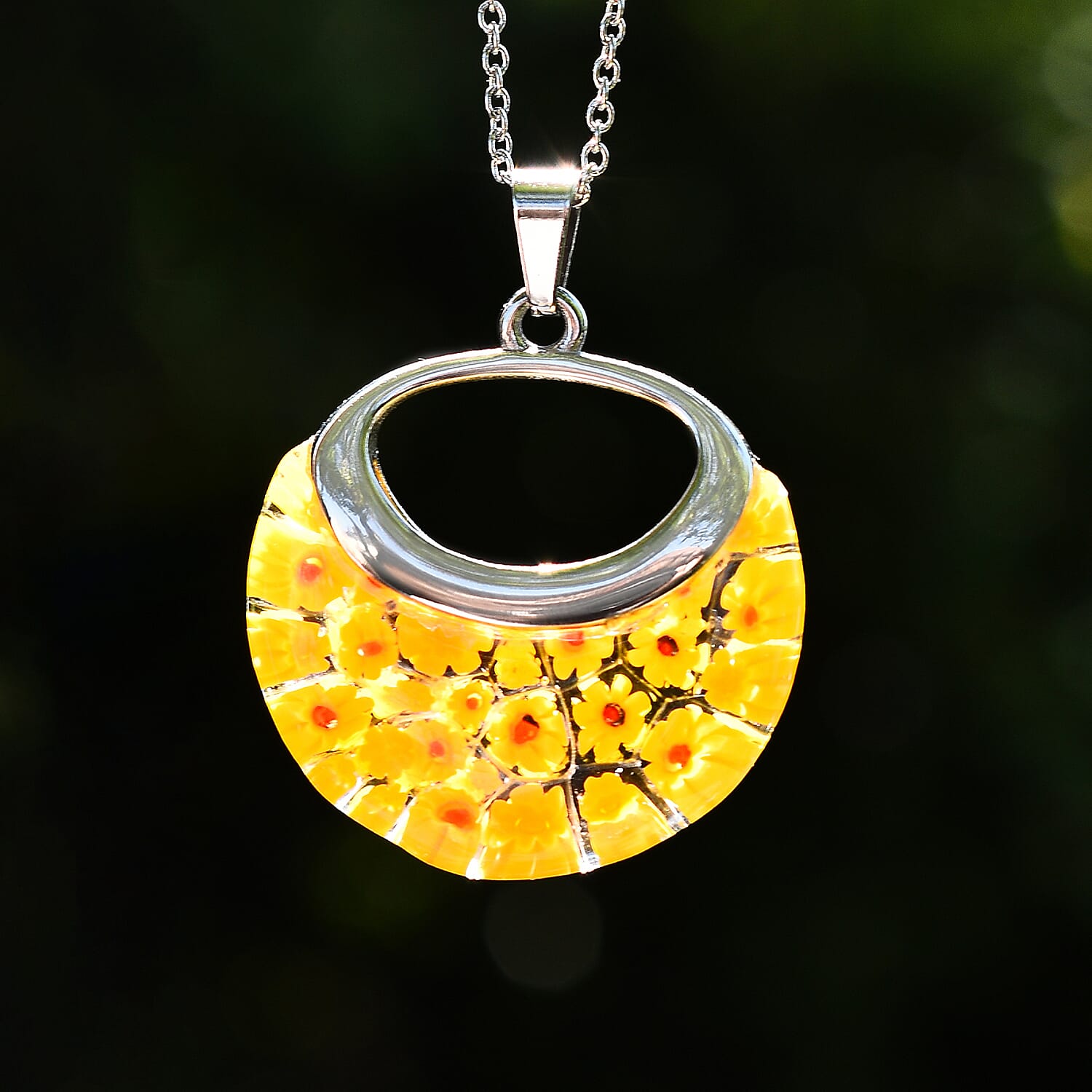 Yellow Color Murano Glass  Necklace (Size - 24) Pure White Stainless Steel