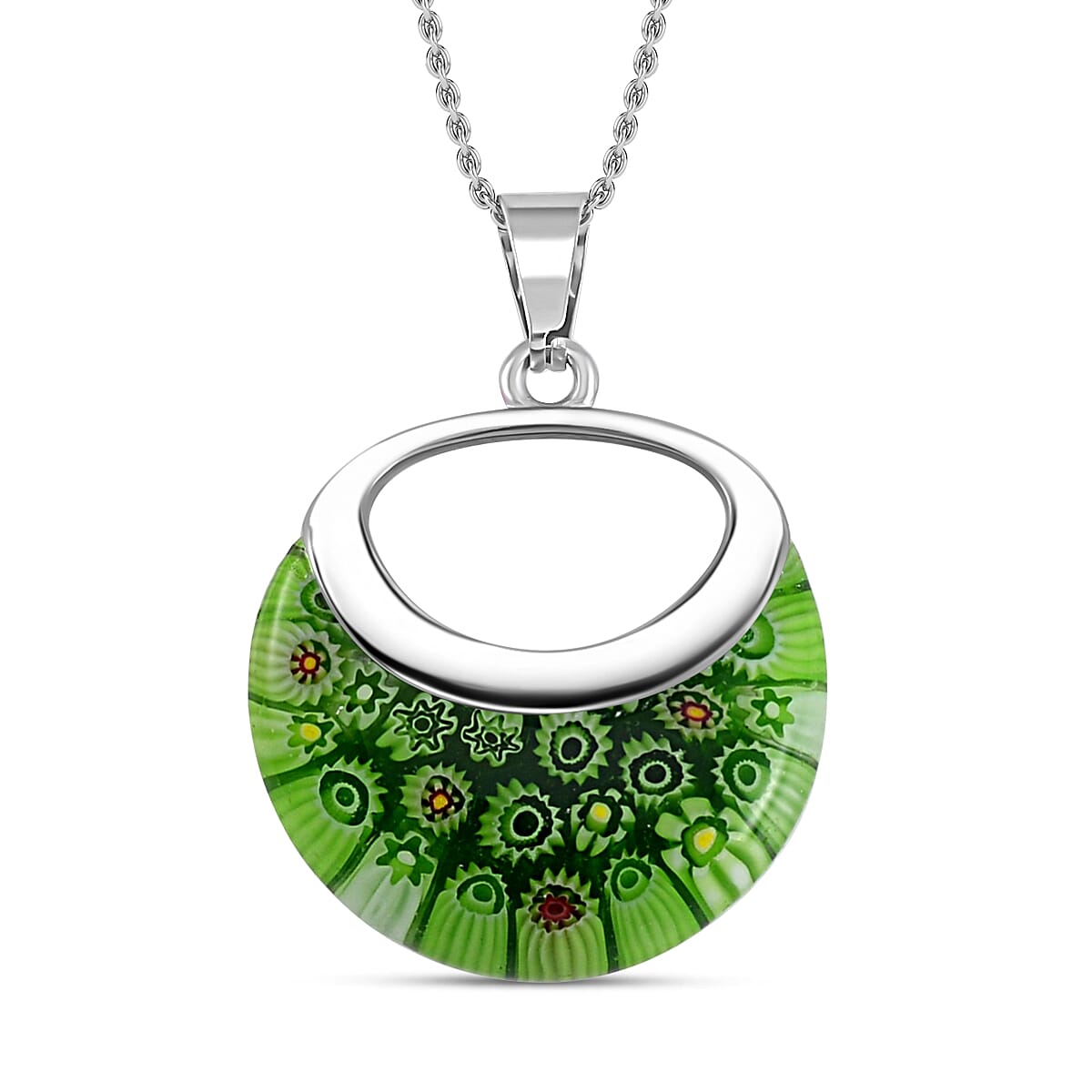 Green Color Murano Glass  Necklace (Size - 24) Pure White Stainless Steel