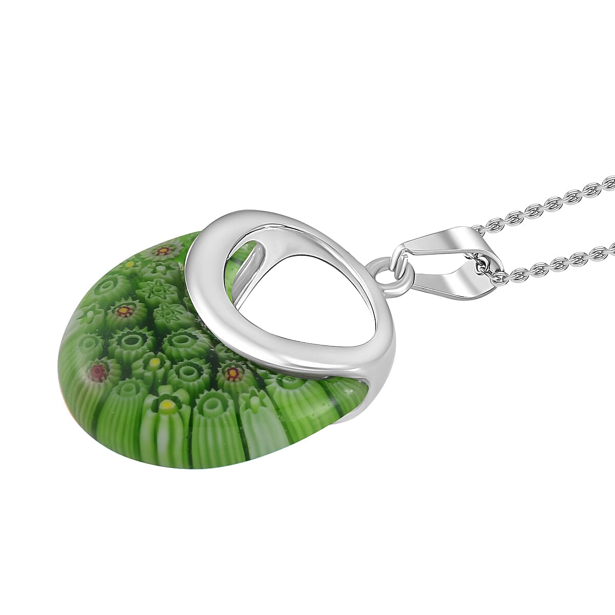 Green Color Murano Glass  Necklace (Size - 24) Pure White Stainless Steel