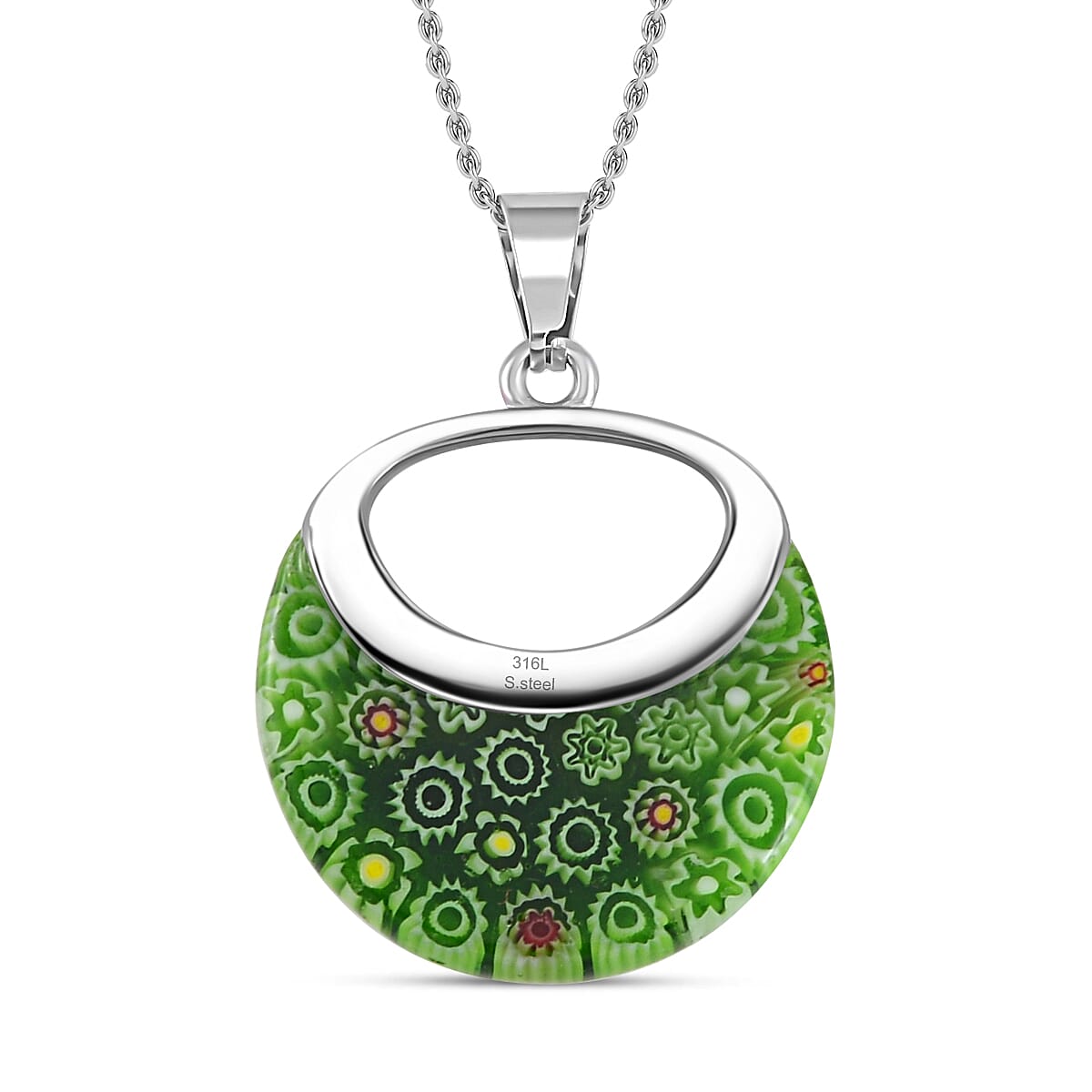 Green Color Murano Glass  Necklace (Size - 24) Pure White Stainless Steel