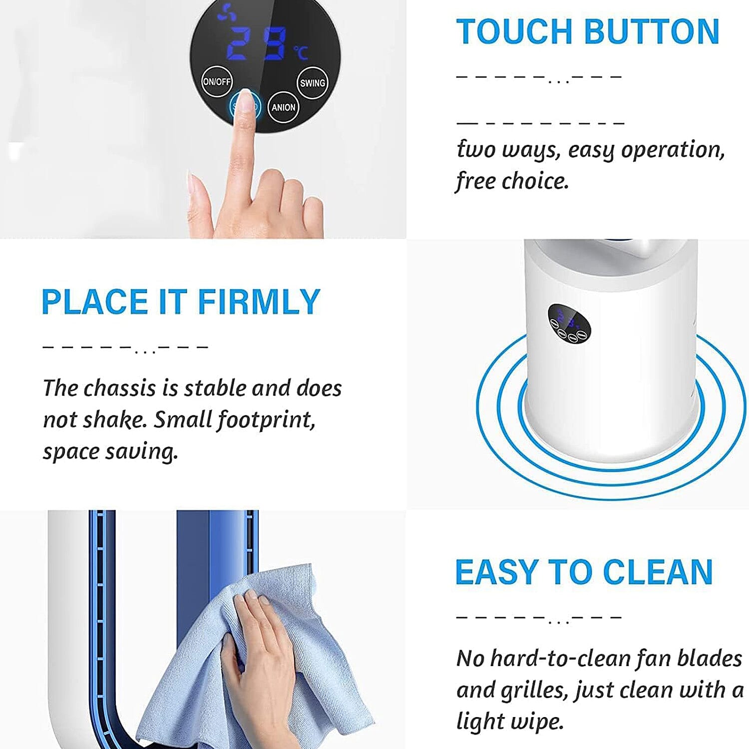 3 Wind Speeds Bladeless Fan with Remote Control - 60 Degrees Wide Angle (Power 55W) - Blue - White 3 Wind Speeds Bladeless Fan with Remote Control - 60 Degrees Wide Angle (Power 55W) - Blue - White