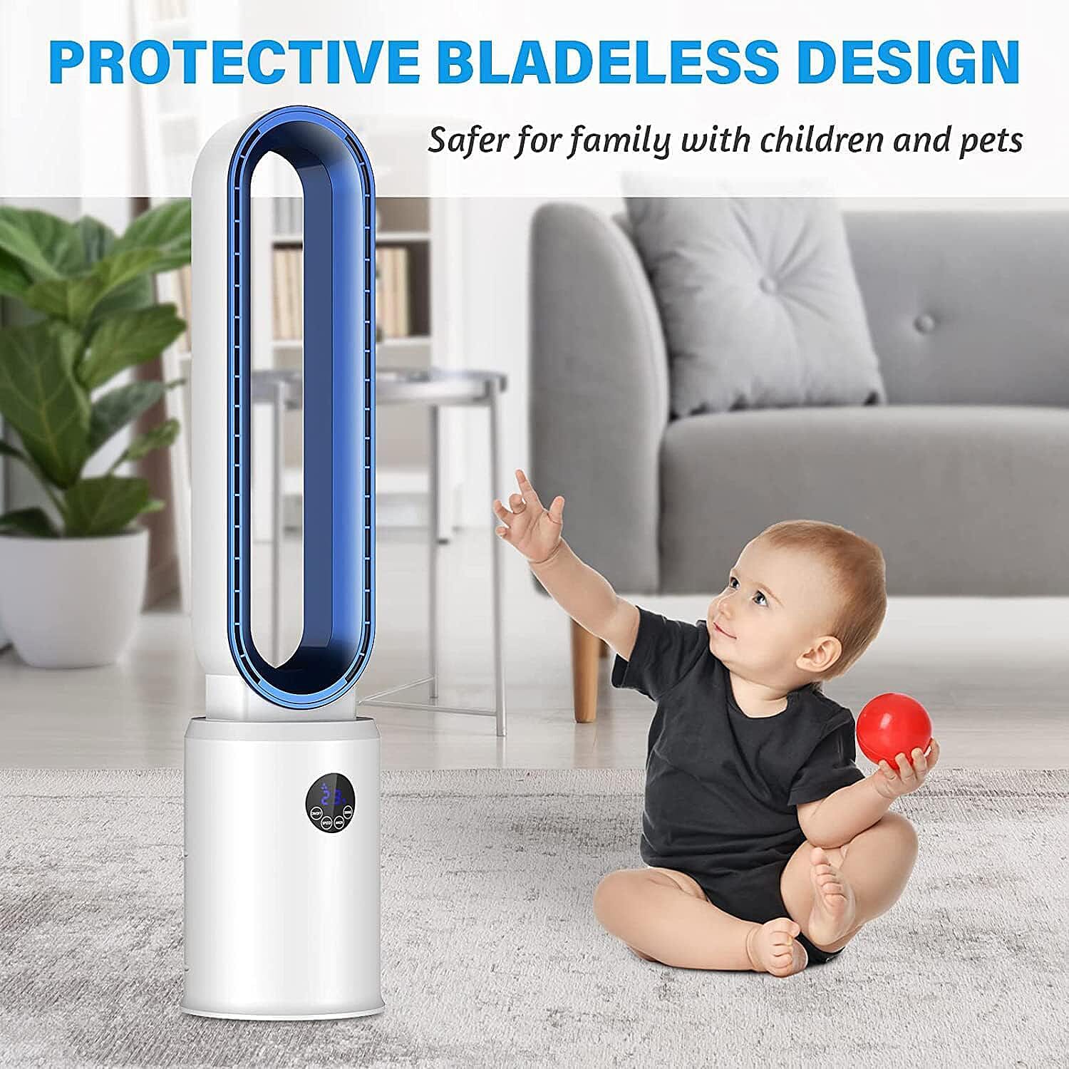 3 Wind Speeds Bladeless Fan with Remote Control - 60 Degrees Wide Angle (Power 55W) - Blue - White 3 Wind Speeds Bladeless Fan with Remote Control - 60 Degrees Wide Angle (Power 55W) - Blue - White