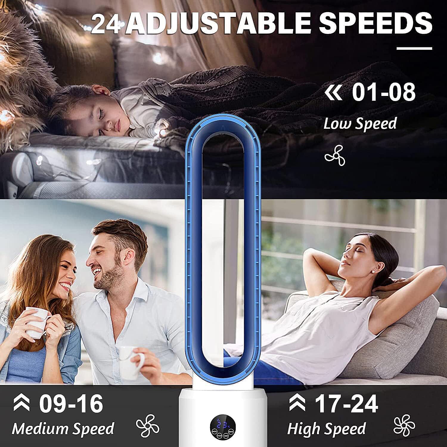 3 Wind Speeds Bladeless Fan with Remote Control - 60 Degrees Wide Angle (Power 55W) - Blue - White 3 Wind Speeds Bladeless Fan with Remote Control - 60 Degrees Wide Angle (Power 55W) - Blue - White